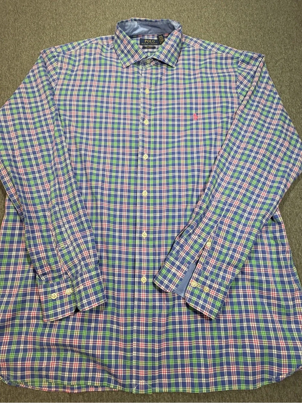 Polo Ralph Lauren Shirt Mens L Blue Pink Green Plaid 100% Cotton Stretch Pony